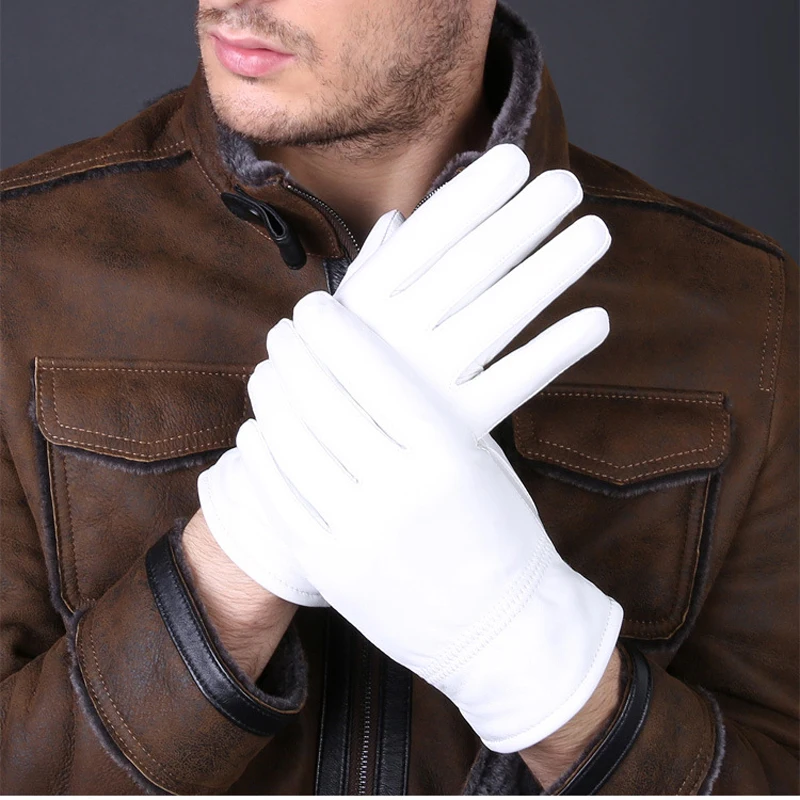 Leather Work Winter Gloves - 2025 冬の本革白手袋男性女性保温固体手首ラムスキンドライビンググローブ