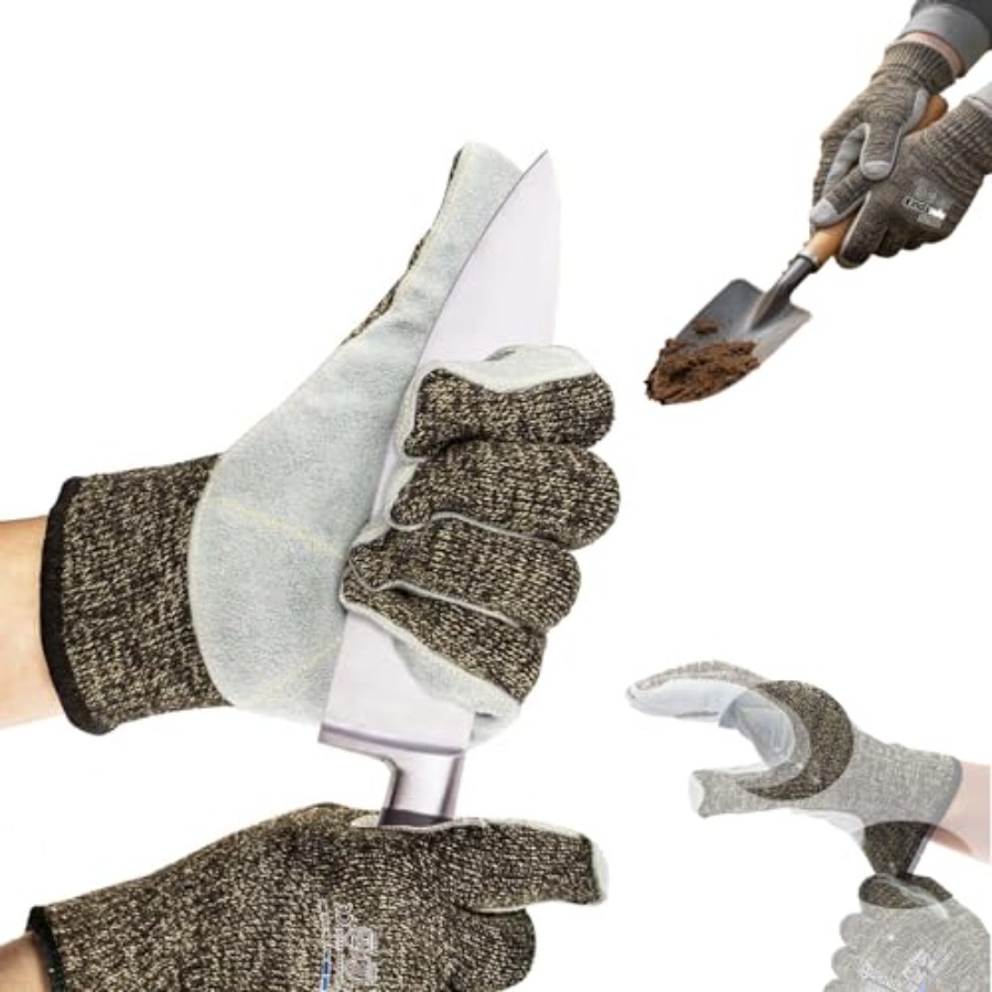Leatherworking Leveling - 園芸作業用手袋：レベル5耐切創性、アラミド縫合糸、牛革スプリットレザー、黒、高い操作性と耐摩耗性
