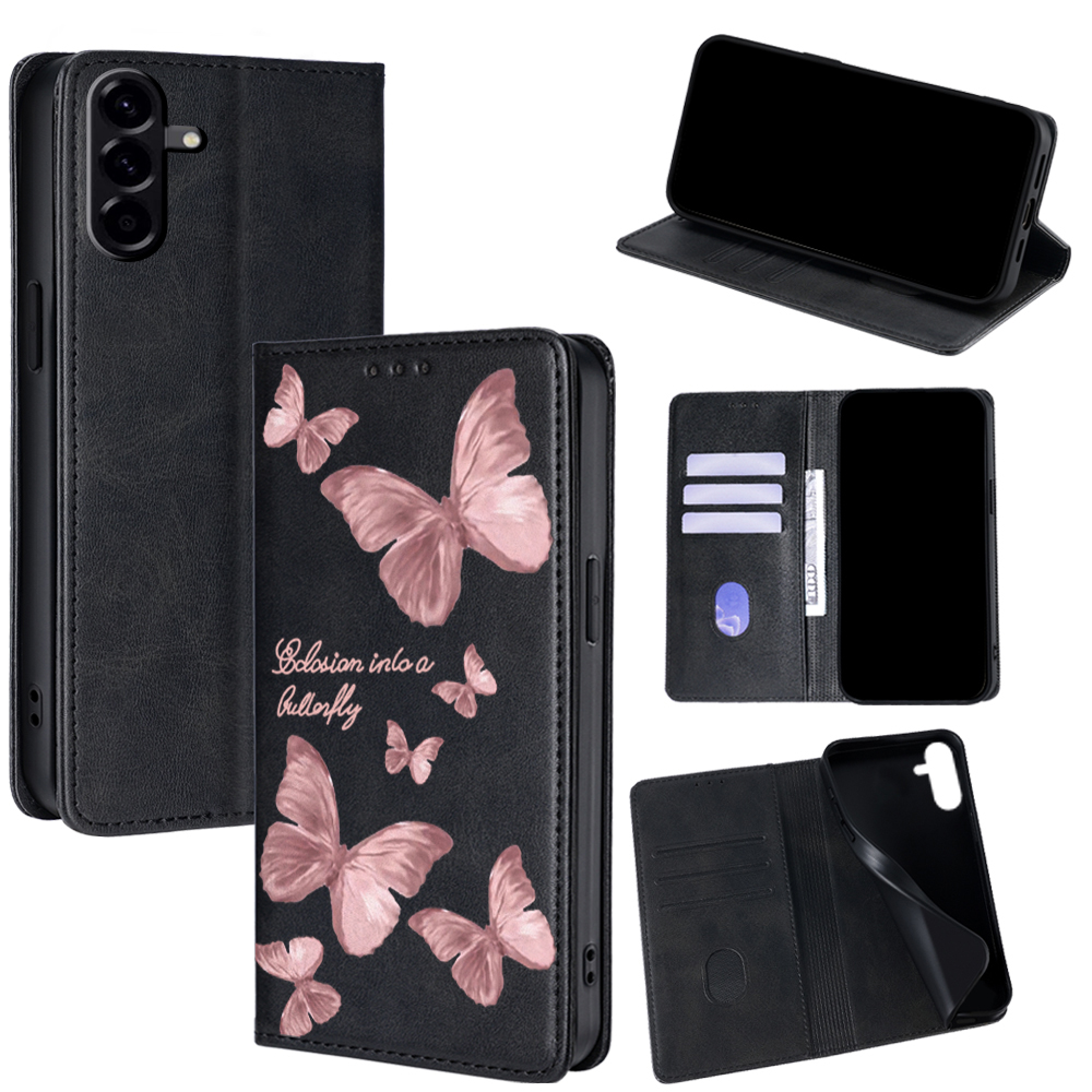 Leatherwork Drawing - ピンクの蝶柄レザーケース Samsung Galaxy A17 A07 A56