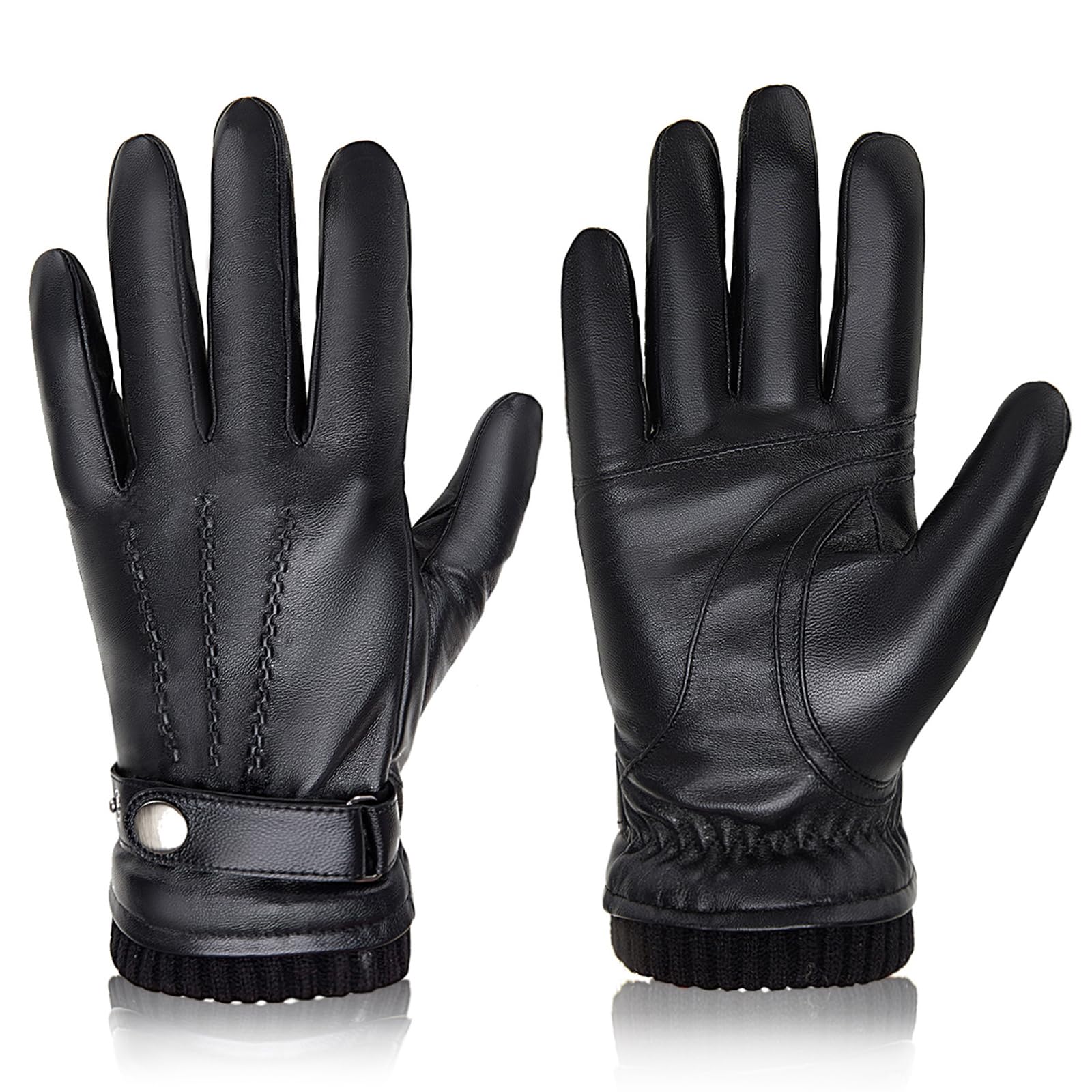 Leather Work Winter Gloves - バイソンデニムメンズシープスキン手袋ファッションカシミヤ裏地付きタッチスクリーンフルフィンガーミトン冬暖かい乗馬運転用手袋