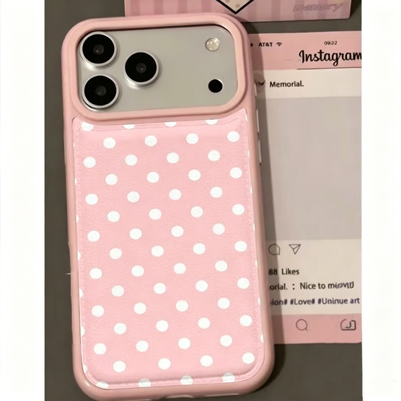 Leatherwork Drawing - 韓国のトレンドのかわいいピンクの水玉模様レザー製スマホケース iPhone 17 Air 16 15