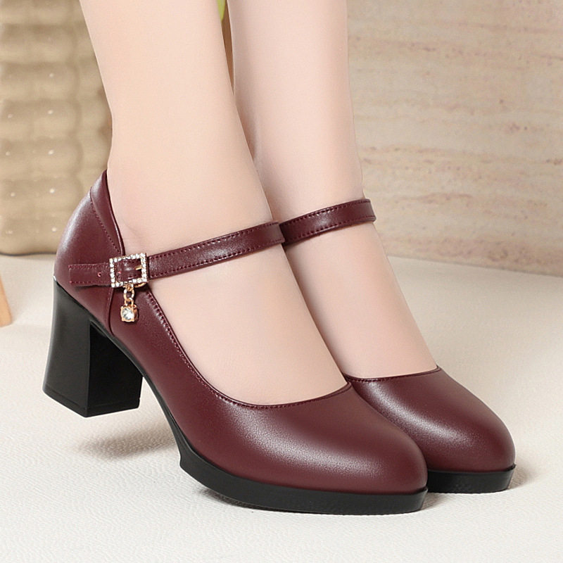 Vintage Leatherwork - 6cmヴィンテージ風浅口本革メリージェーンシューズ レディース 秋2025 メッドブロックヒール オフィス ママ