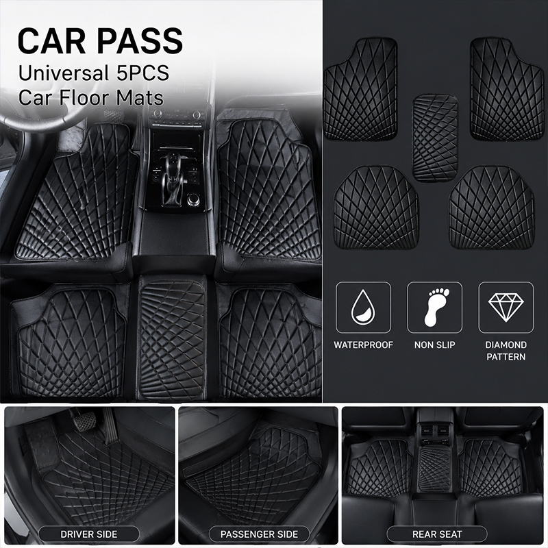 Leatherwork Drawing - CAR PASS ユニバーサル 5ピース レザー製カーフロアマット 防水