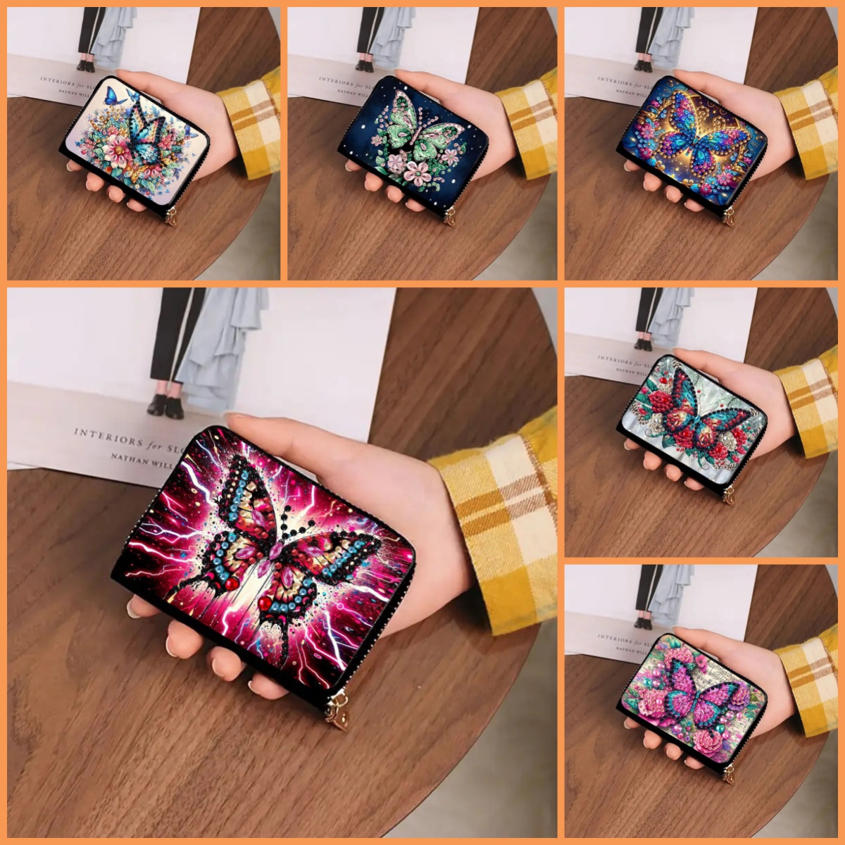 Leatherwork Drawing - 蝶の模様とクリスタル宝石付きのDIYダイヤモンドペインティングセット1個とPUカードケース。お金や銀行カードの収納に適しています。