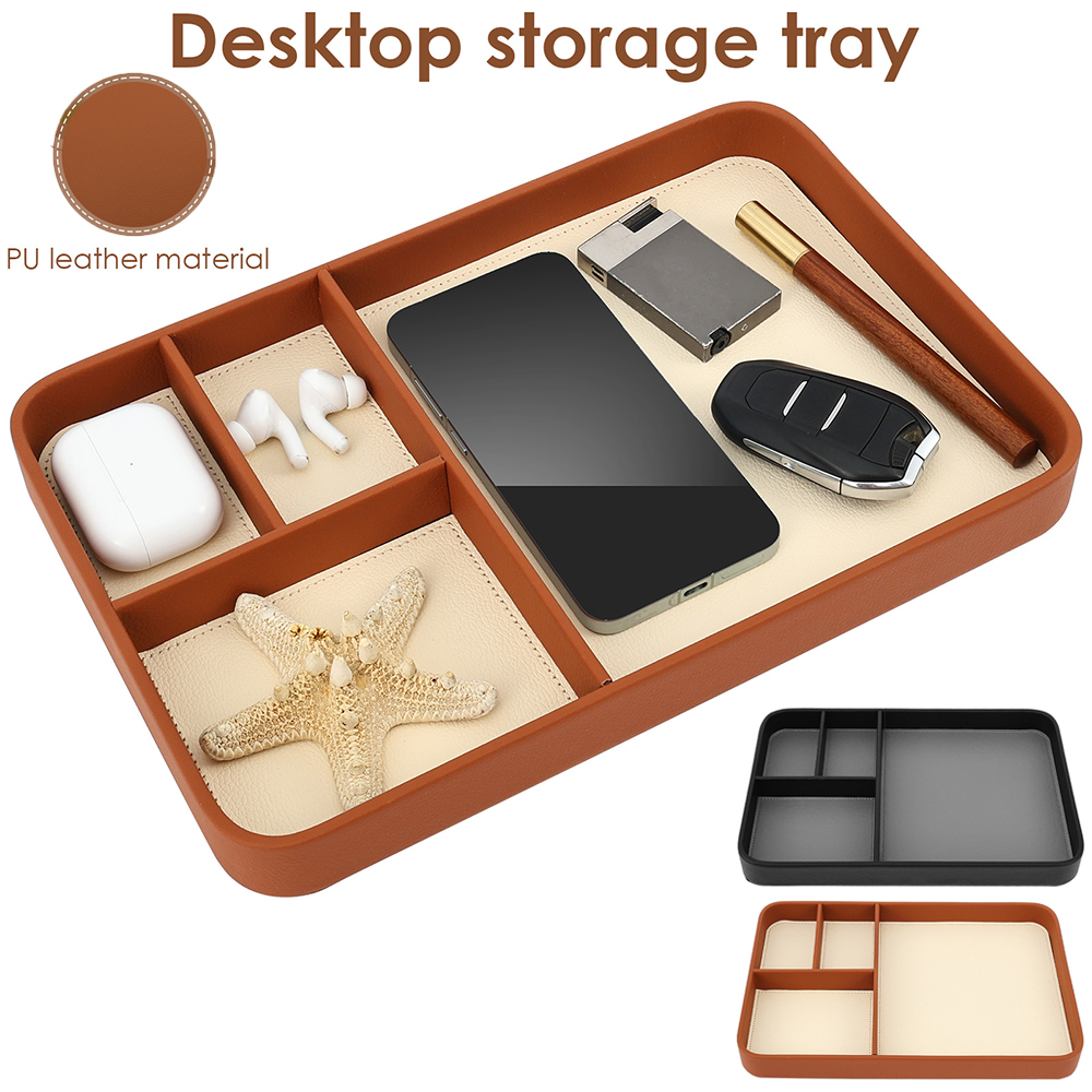 Leatherwork Desk - 4コンパートメント収納トレイ スタイリッシュなPUレザートレイ 多目的ベッドサイドデスクホルダー 装飾的な玄関トレイ 電話キー時計用