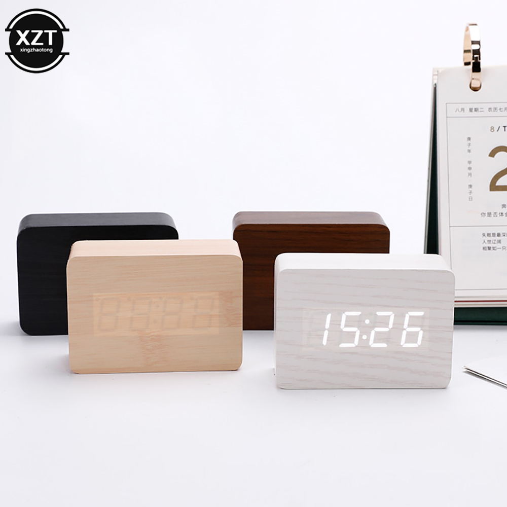 Leatherwork Desk - ファッション目覚まし時計 LED 木製時計テーブル音声制御デジタル木製 Despertador USB/AAA 電源電子デスクトップ時計