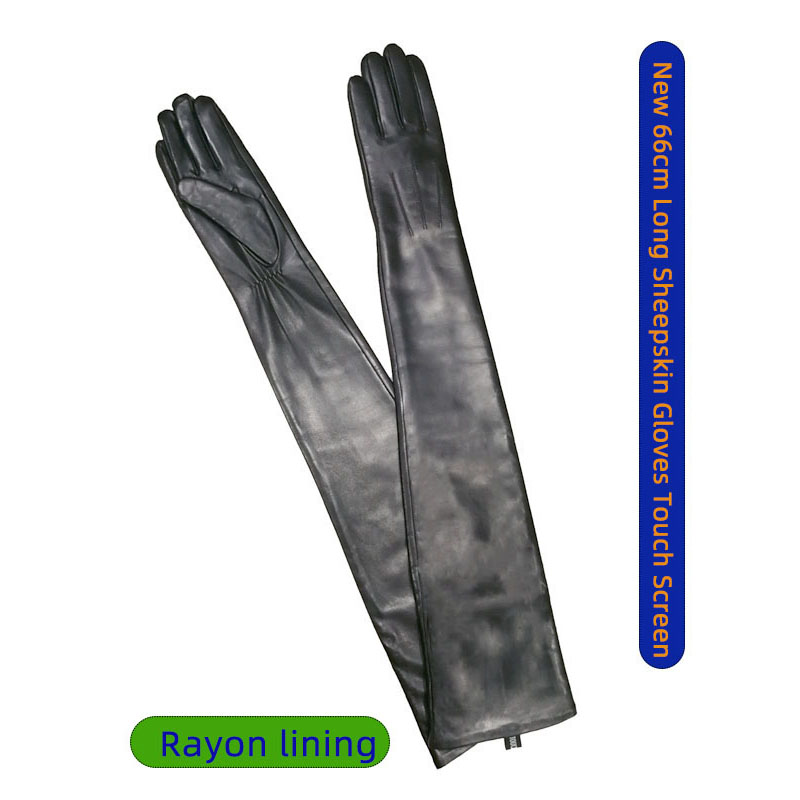 Leather Work Winter Gloves - レディースロングシープスキン手袋 タッチスクリーン対応レザー 超ロングアームスリーブ 秋冬用おしゃれな暖かいカシミヤ