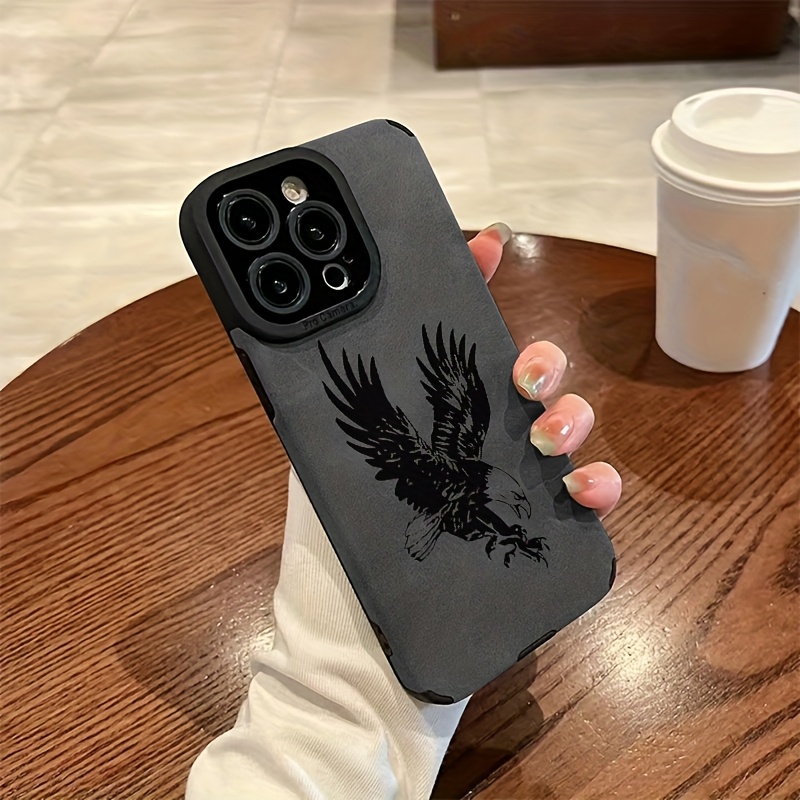 Leatherwork Drawing - ブラックイーグル柄レザーシリコン製iPhoneケース（iPhone 17、16、15、14、13、12、11 Pro Max、16 Plus、Air、X、XR、XS Max対応）耐衝撃カバー