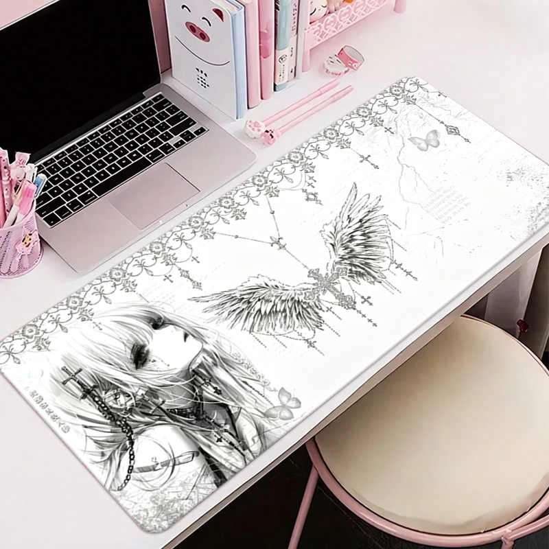 Leatherwork Desk - レザーマウスパッド黒白アニメ美学エンジェルガールマウスパッドオフィスアクセサリーPCゲームキーボードEスポーツHDデスクマット