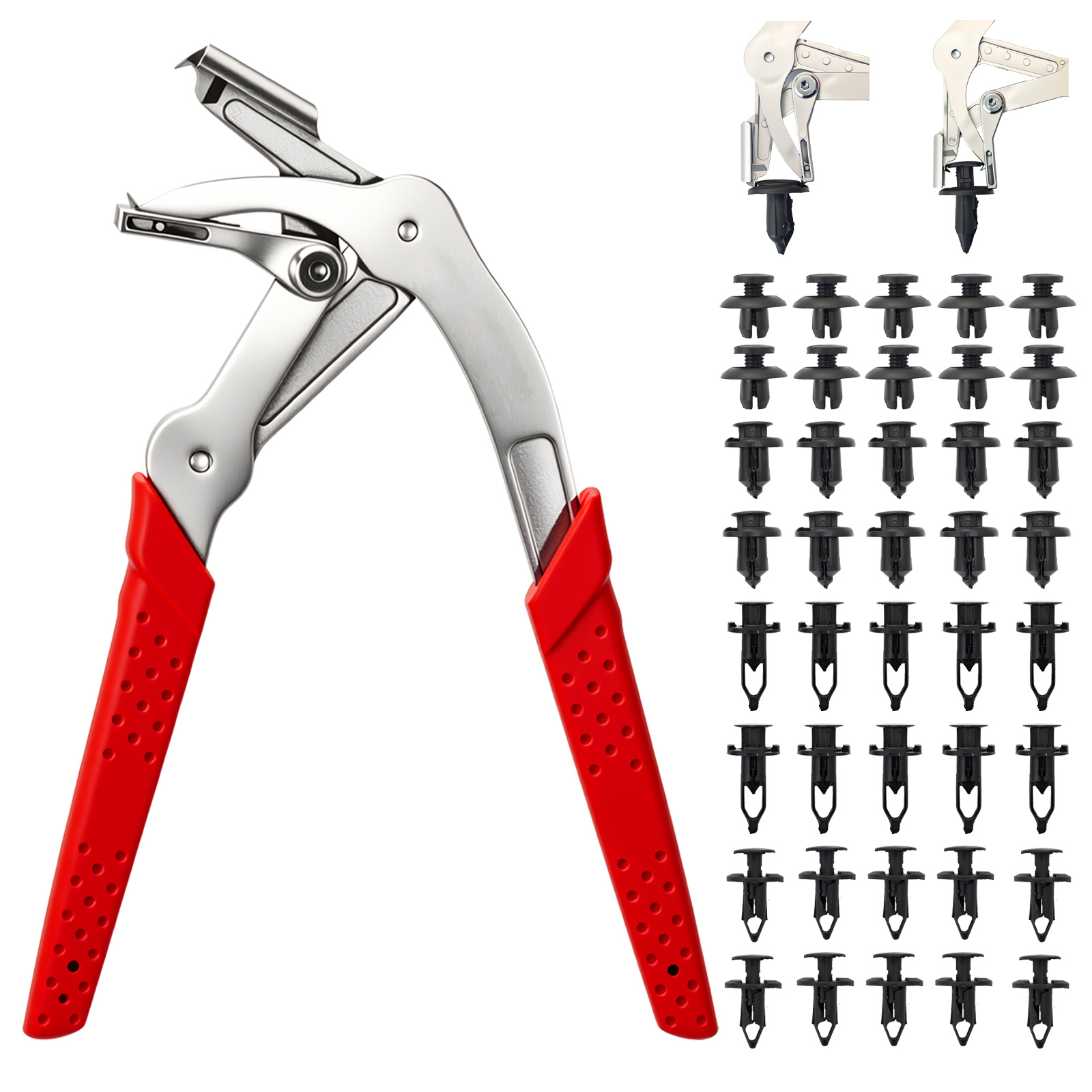 Rivet Setter Tool - 40個の自動車用ファスナークリップ付きカープライヤー、パネル＆トリム取り外しツールキット、スプリング式クリップ取り外しプライヤー、内装および外装自動車修理用プラスチックリベット＆プッシュピンリムーバー