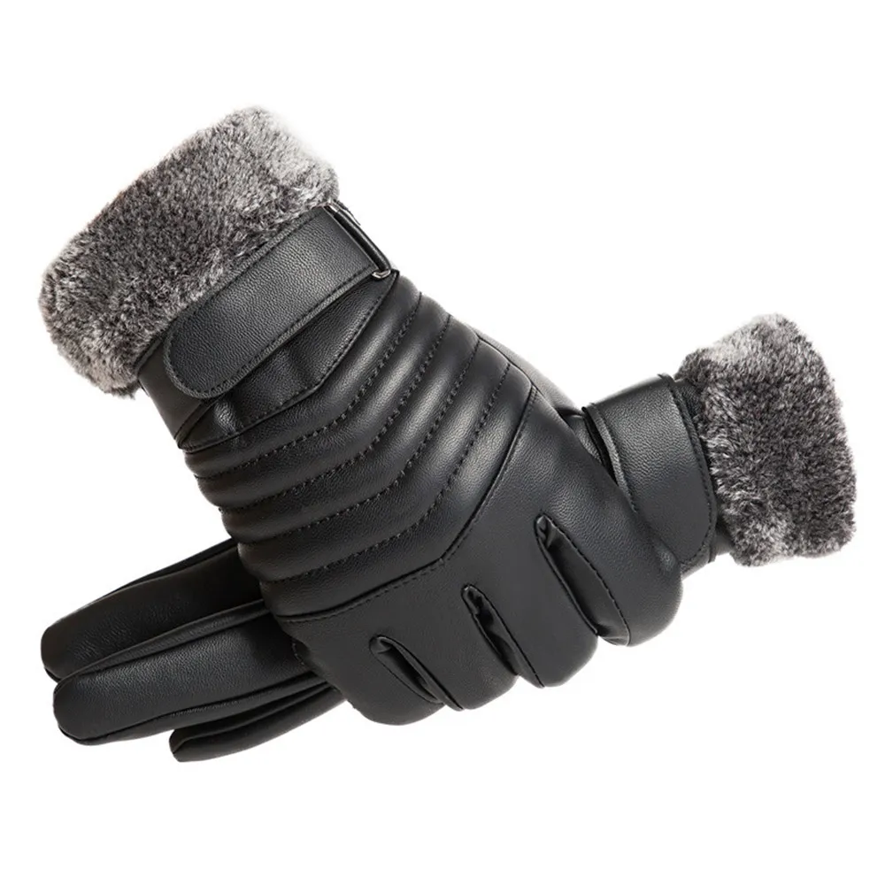 Leather Work Winter Gloves - 手袋冬用メンズファー口ぬいぐるみ断熱手袋屋外サイクリングオートバイpuタッチスクリーンコットン手袋
