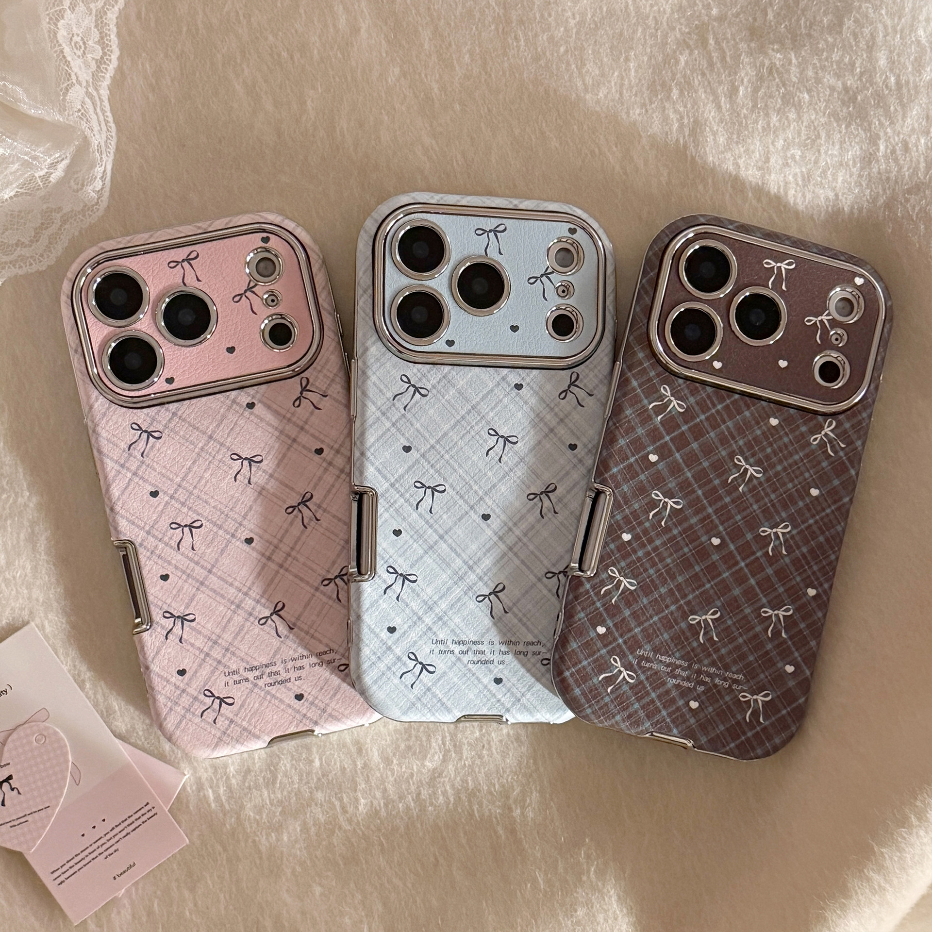 Leatherwork Drawing - 韓国レトロ風格子柄リボン付きレザーテクスチャスマホケース iPhone 17 16 15 14