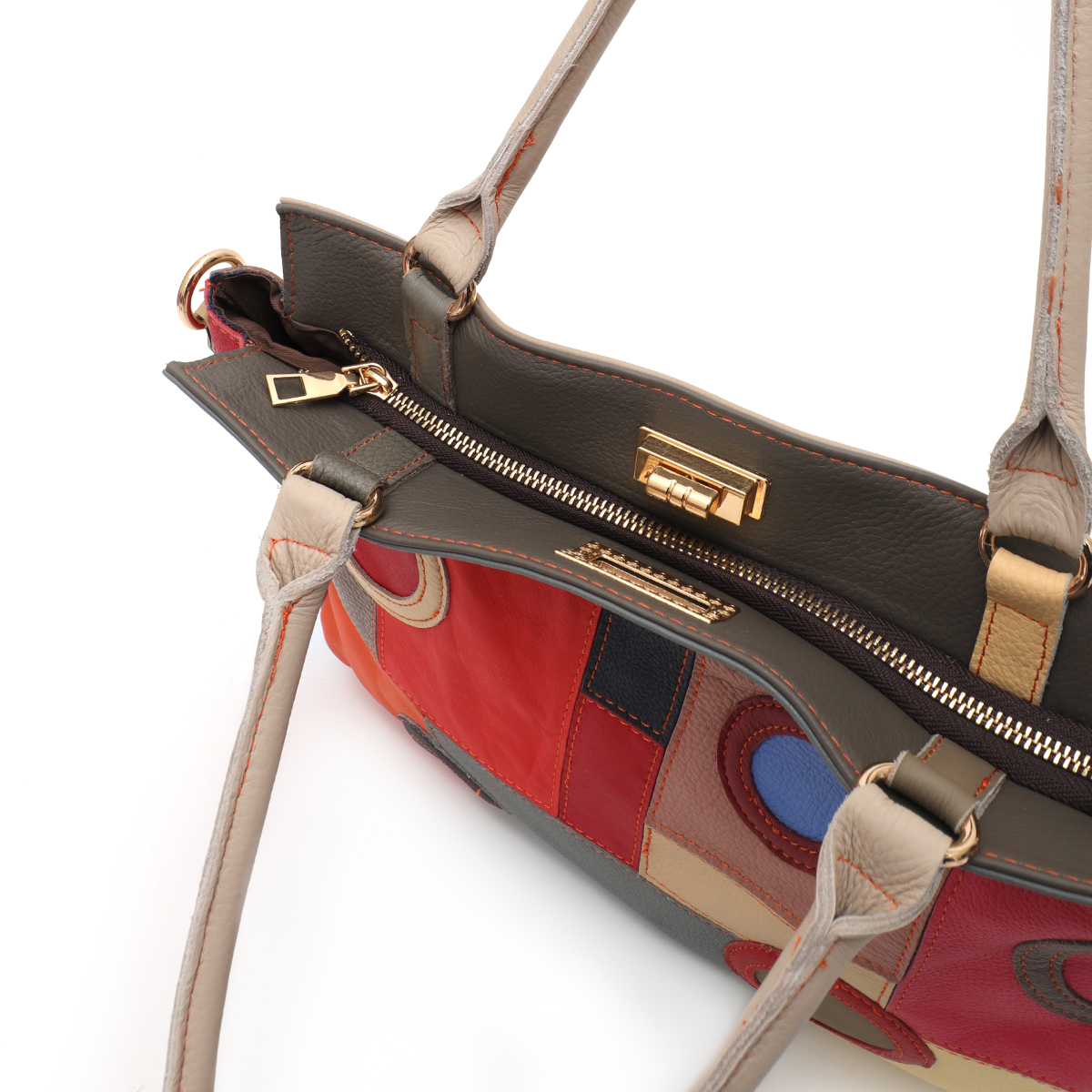 Sc-女性のための幾何学的なパッチワークレザーハンドバッグ, - Vintage Leatherwork のレビューと価格