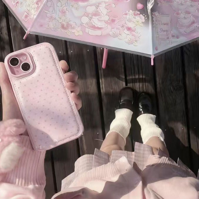 韓国のトレンドのかわいいピンクの水玉模様レザー製スマホケース - Leatherwork Drawing のレビューと価格