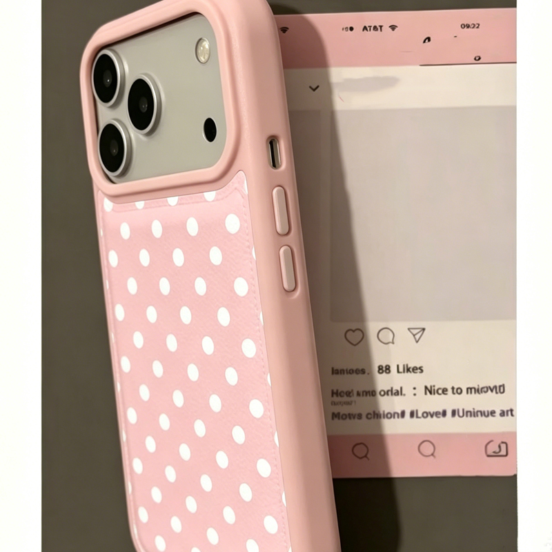 韓国のトレンドのかわいいピンクの水玉模様レザー製スマホケース - Leatherwork Drawing のレビューと価格