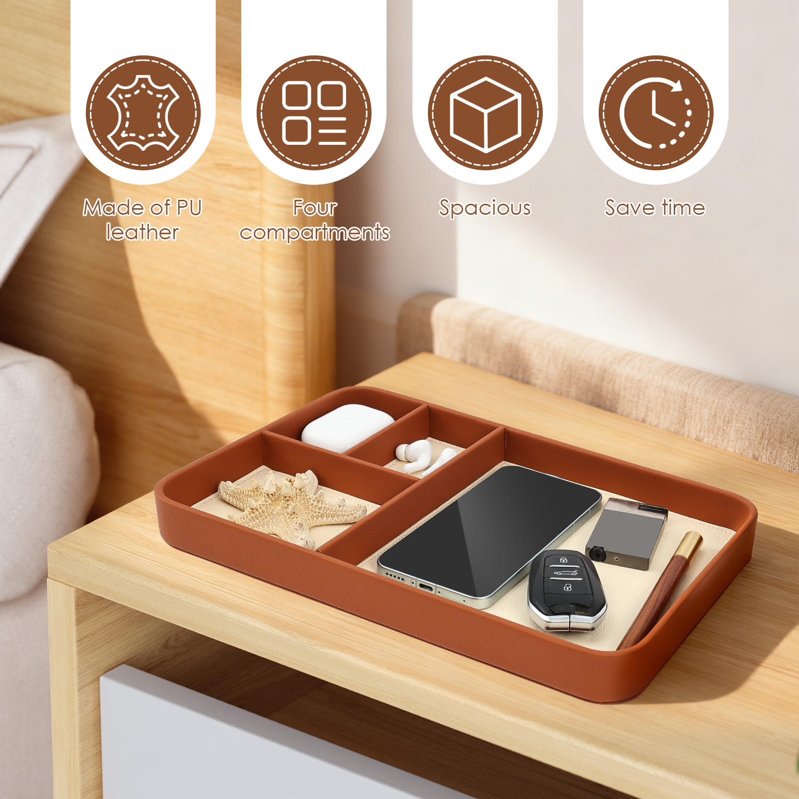 4コンパートメント収納トレイ スタイリッシュなPUレザートレ - Leatherwork Desk のレビューと価格