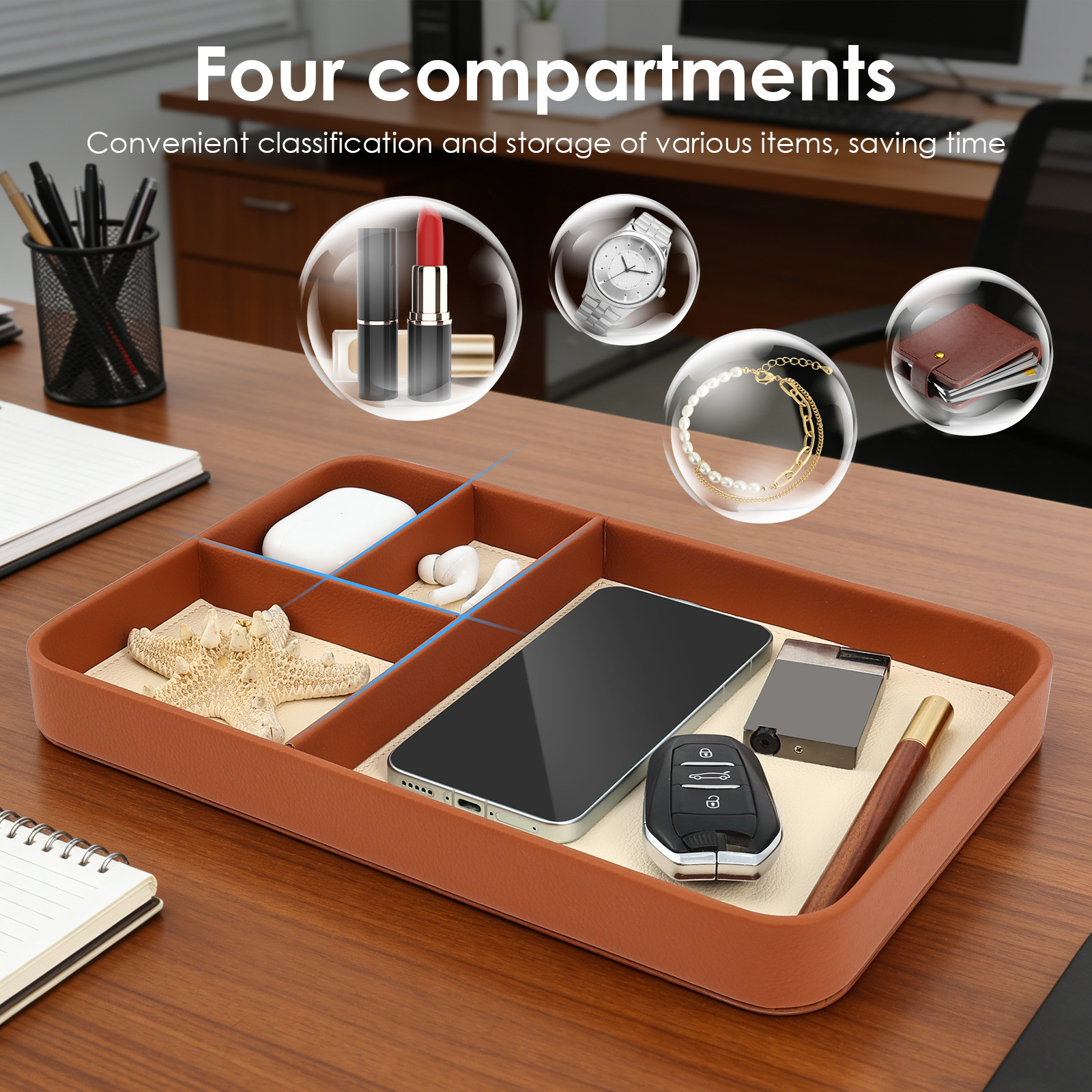 4コンパートメント収納トレイ スタイリッシュなPUレザートレ - Leatherwork Desk のレビューと価格