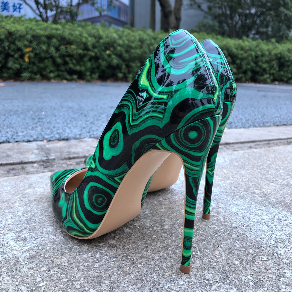 Tikicup-女性の緑の花柄のパテントレディースシューズ, - Leatherwork Drawing のレビューと価格