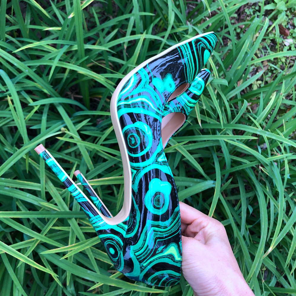 Tikicup-女性の緑の花柄のパテントレディースシューズ, - Leatherwork Drawing のレビューと価格